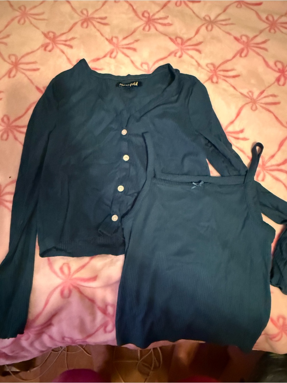 Planet Gold Teal Ribbed Button-Front Cardigan with Matching Tank